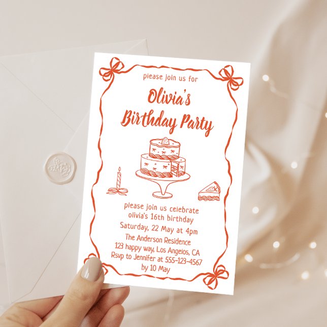 Elegant Hand-Drawn Cake & Ribbon Birthday Party Einladung (Von Creator hochgeladen)