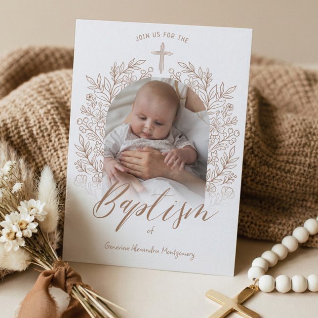 Elegant Hand-Drawn Cross Floral Baptism Photo Einladung (Elegant Hand-Drawn Cross Floral Baptism Photo Invitation)