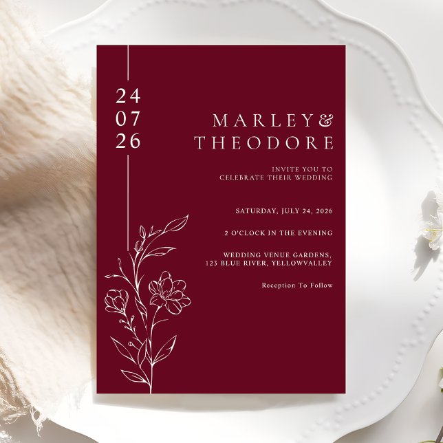 Elegant Hand Drawn Floral Burgundy Wedding Einladung (Von Creator hochgeladen)