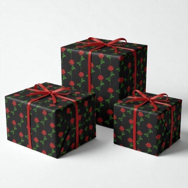 Elegant Hand-Drawn Rose Wrapping Paper on Black  Geschenkpapier (Von Creator hochgeladen)