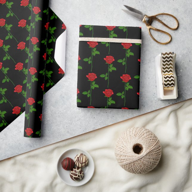 Elegant Hand-Drawn Rose Wrapping Paper on Black  Geschenkpapier (Kunsthandwerk)