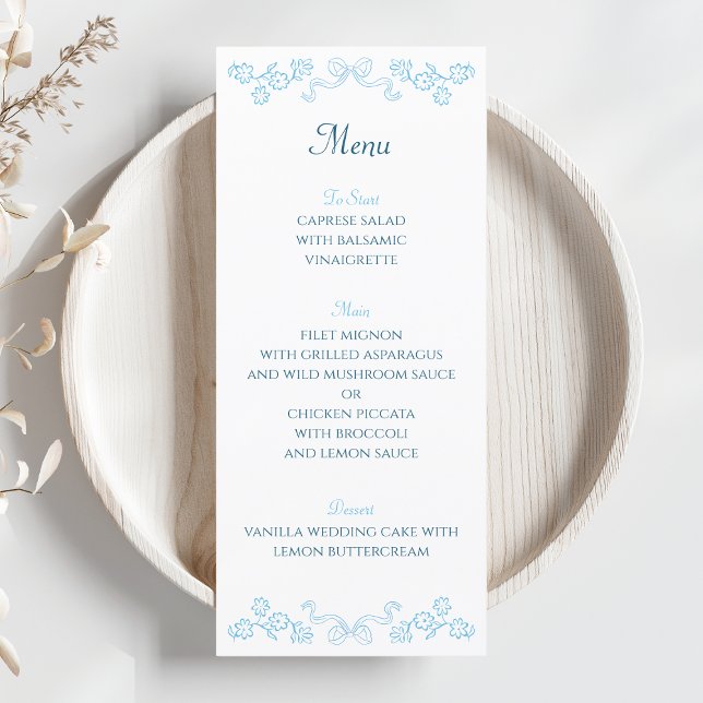 Elegant handGezeichnet Blumen & Bow Blue Wedding Menükarte (Elevate your wedding tablescape with our elegant blue floral bow menu card. Personalize yours now!)