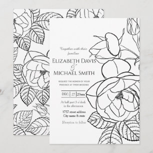 Elegant handgezeichnet Rose Blumenmuster Schwarz-w Einladung