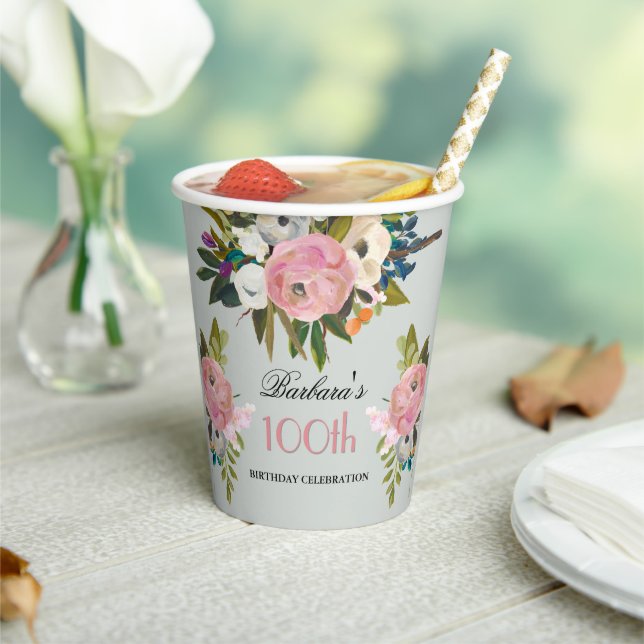 Elegant Handpainted Floral 100th Birthday Party  Pappbecher (In Situ)