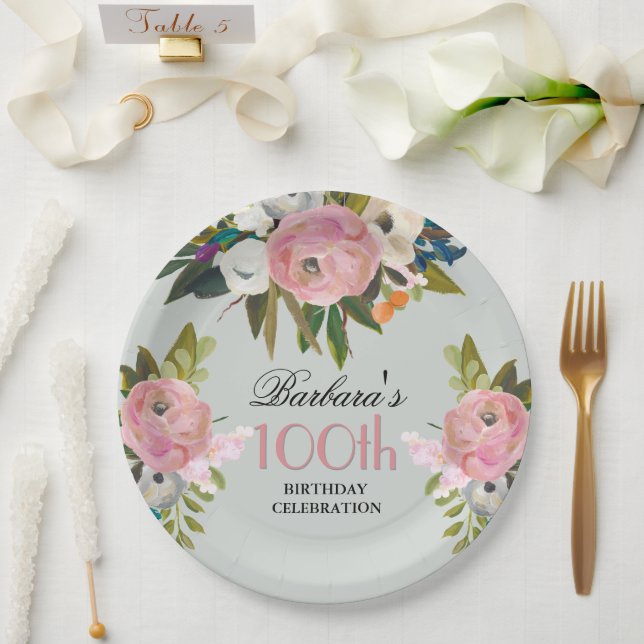 Elegant Handpainted Floral 100th Birthday Party  Pappteller (Hochzeit)