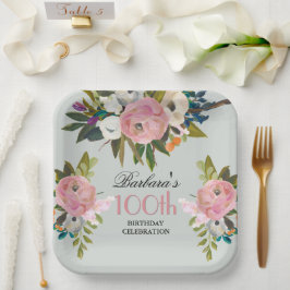 Elegant Handpainted Floral 100th Birthday Party Pappteller