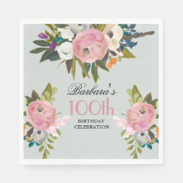 Elegant Handpainted Floral 100th Birthday Party Serviette