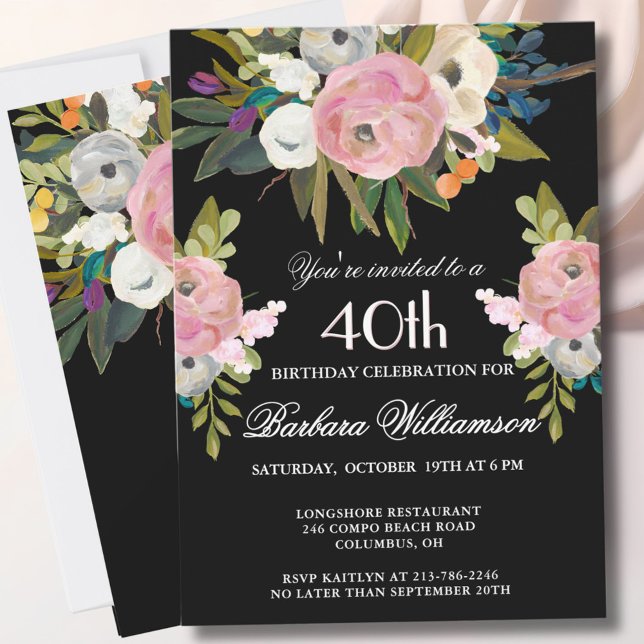 *Elegant Handpainted Floral 40th Birthday Party  Einladung (Von Creator hochgeladen)
