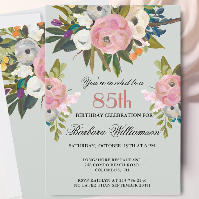 Elegant Handpainted Floral 85th Birthday Party  Einladung (Von Creator hochgeladen)