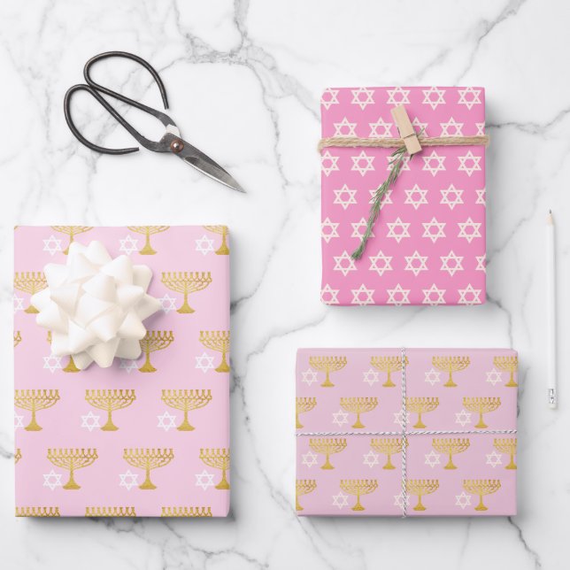 Elegant Hanukkah Holiday Pattern Gold Geschenkpapier Set (Vorderseite)
