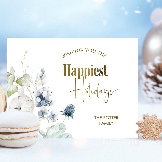 Elegant Happiest Holidays, Winter Greenery Holiday Postkarte (Von Creator hochgeladen)