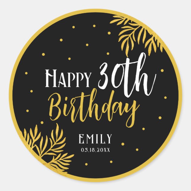 Elegant Happy 30th Birthday Gold Foliage Party Runder Aufkleber (Vorderseite)