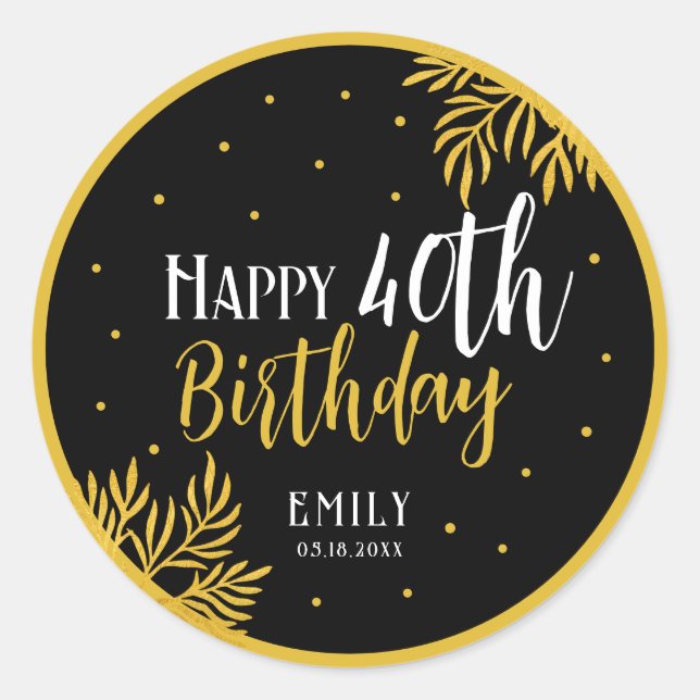 Elegant Happy 40th Birthday Gold Foliage Party Runder Aufkleber (Vorderseite)