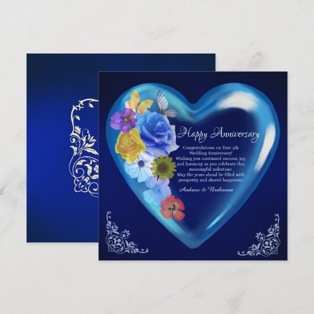 Elegant Happy 5. Wedding Anniversary Heart Navy Karte (Vorne/Hinten)