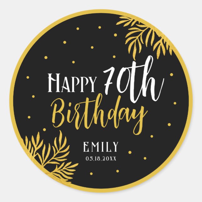 Elegant Happy 70th Birthday Gold Foliage Party Runder Aufkleber (Vorderseite)