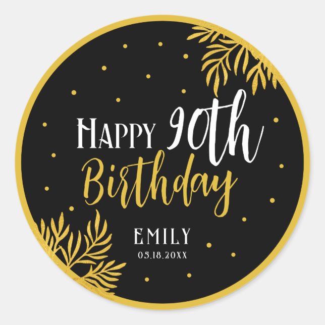 Elegant Happy 90th Birthday Gold Foliage Party Runder Aufkleber (Vorderseite)