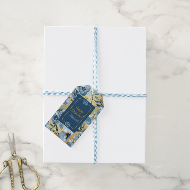 Elegant Happy Birthday Blu Floral Gold Personalize Geschenkanhänger (Mit Garn)