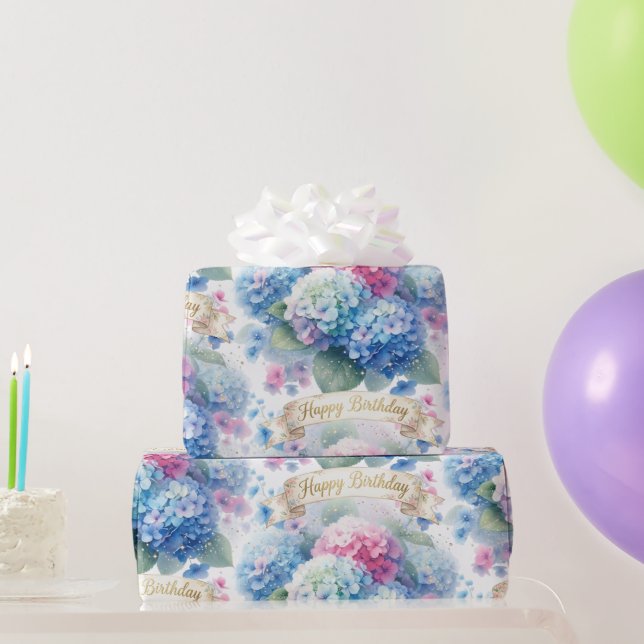Elegant Happy Birthday Hydrangea Floral  Geschenkpapier (Partygeschenke)