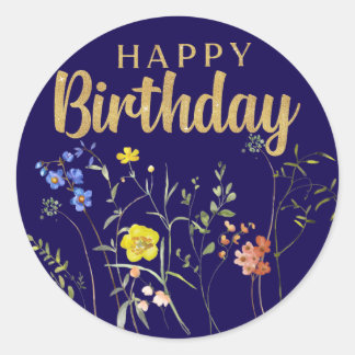 Elegant Happy Birthday Wildblumen Round Sticker