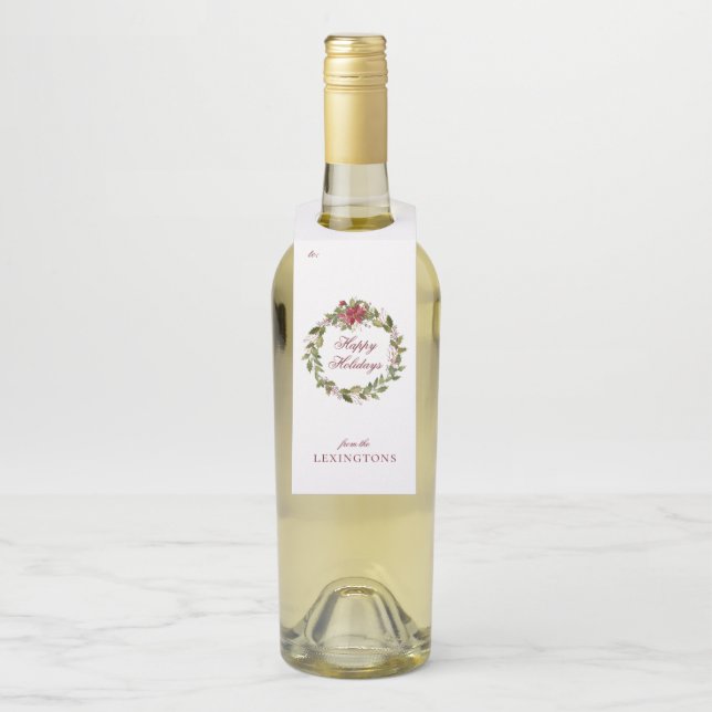 Elegant Happy Holidays Floral Wreath Flaschenanhänger (Auf Flasche)
