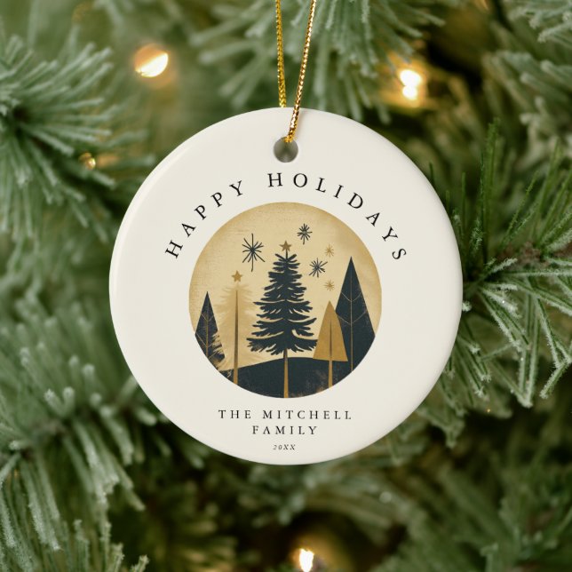 Elegant HAPPY HOLIDAYS Warme Gold Pine Forest Keramik Ornament (Baum)
