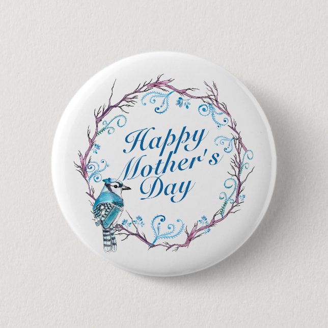 Elegant Happy Mother's Day Blue Wreath Button (Vorderseite)