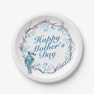 Elegant Happy Mother's Day Blue Wreath Paper Plate Pappteller