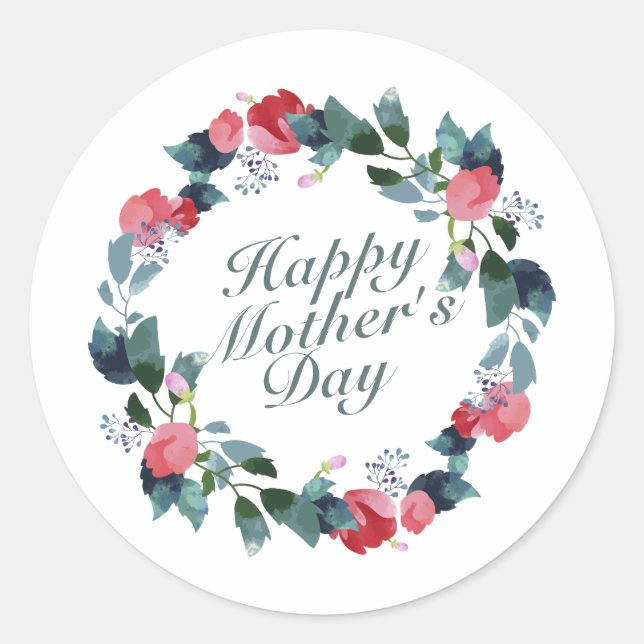 Elegant Happy Mother's Day Floral Wreath | Aufkleb Runder Aufkleber (Vorderseite)