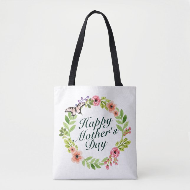 Elegant Happy Mother's Day Floral Wreath Tote Bag Tasche (Vorderseite)