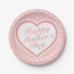 Elegant Happy Mother's Day Pink Hearts Paper Plate Pappteller