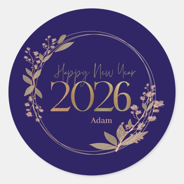 Elegant Happy New Year 2026 Blue & Gold Personaliz Runder Aufkleber (Vorderseite)