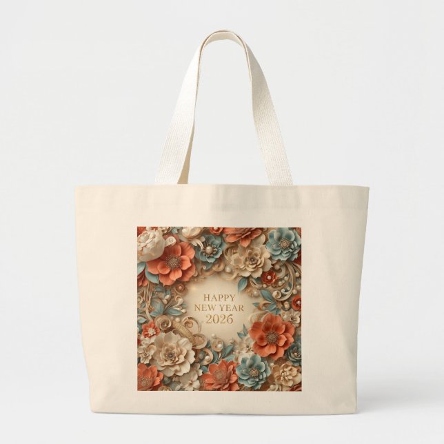 elegant happy new year 2026 floral tote bag jumbo stoffbeutel (Vorne)
