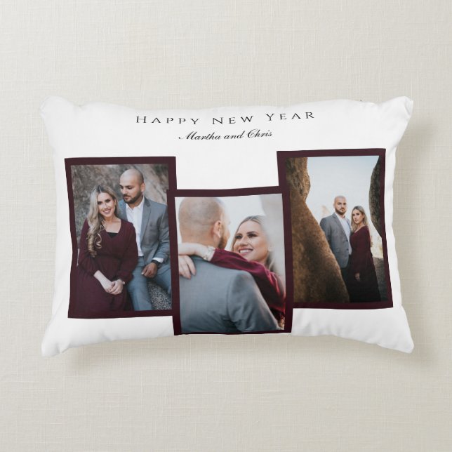 Elegant Happy New Year Script 3 Foto Collage Red Dekokissen (Vorderseite)