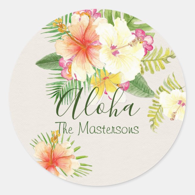 Elegant Hawaiian Aloha Tropical Personalisiert Runder Aufkleber (Vorderseite)