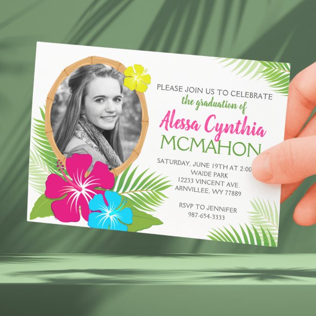 Elegant Hawaiian Luau Abschluss Foto Einladung (Tropical Luau 1 Photo Graduation Invitations. Class Year on Back)
