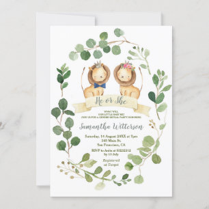 Elegant He or She Greenery Lion Gender Reveal Einladung