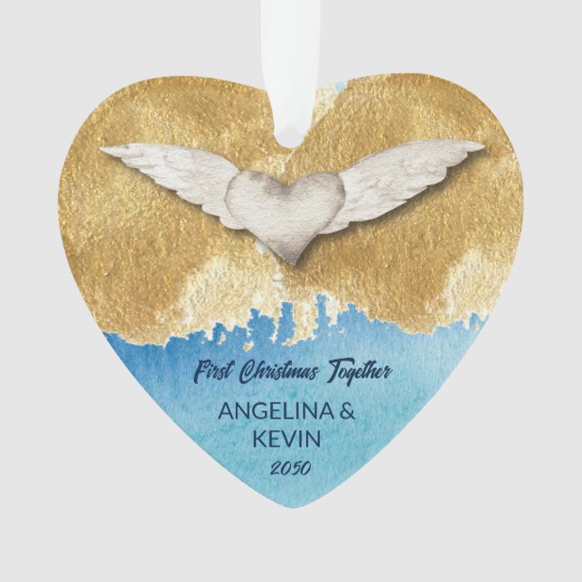 Elegant Heart Angel Wings First Christmas Ornament (Vorderseite)