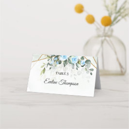 Elegant Hellblaue Blumen Eukalyptus und Gold Platzkarte