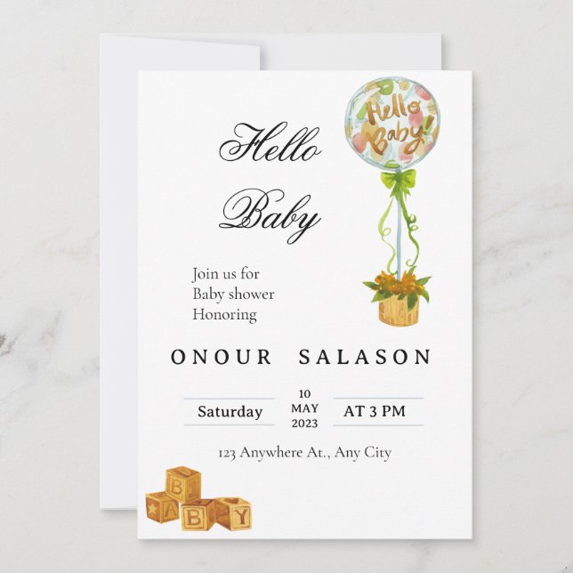 Elegant Hello Baby Balloon Shower Invitation (Devant)