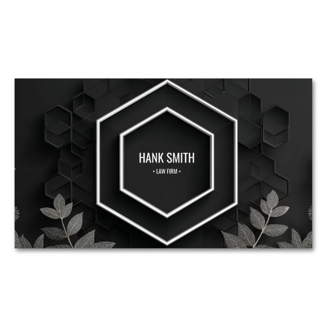 Elegant Hexagon und Silver Botanical Black Magnetische Visitenkarte (Vorderseite)