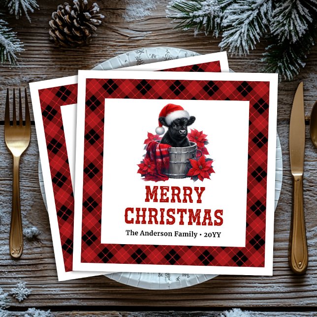 Elegant highland cow red black plaid Xmas napkins Serviette (Elegant highland cow red black plaid Xmas napkin)