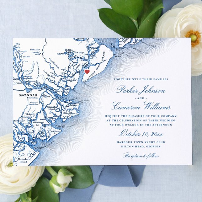 Elegant Hilton Head Island Map Navy Blue Wedding Einladung (Elegant Hilton Head Georgia Map Wedding Invitation with navy blue script by Coastal Map Designs)