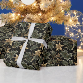 Elegant Holiday Foliage Wrapping Paper on Black Geschenkpapier