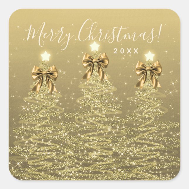 Elegant Holiday Gold Christmas Trees w/ Bows Quadratischer Aufkleber (Vorderseite)