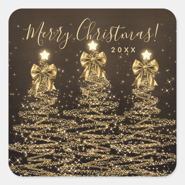 Elegant Holiday Gold Christmas Trees w/ Bows Quadratischer Aufkleber (Vorderseite)