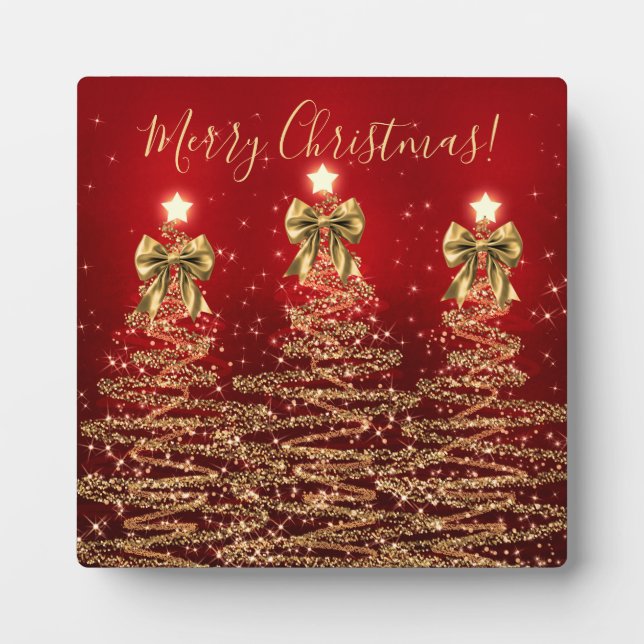 Elegant Holiday Gold Red Christmas Trees w/ Bows Fotoplatte (Vorderseite)