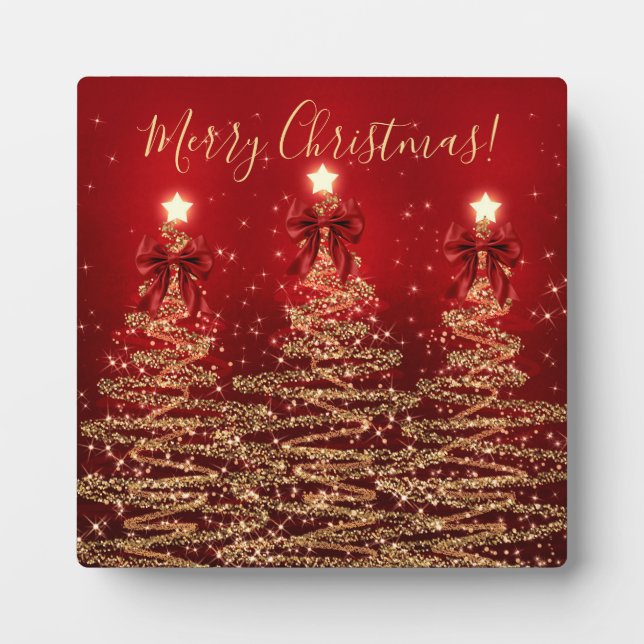 Elegant Holiday Gold Red Christmas Trees w/ Bows Fotoplatte (Vorderseite)
