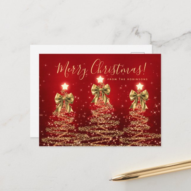 Elegant Holiday Gold Red Christmas Trees w/ Bows Postkarte (Vorderseite/Rückseite Beispiel)