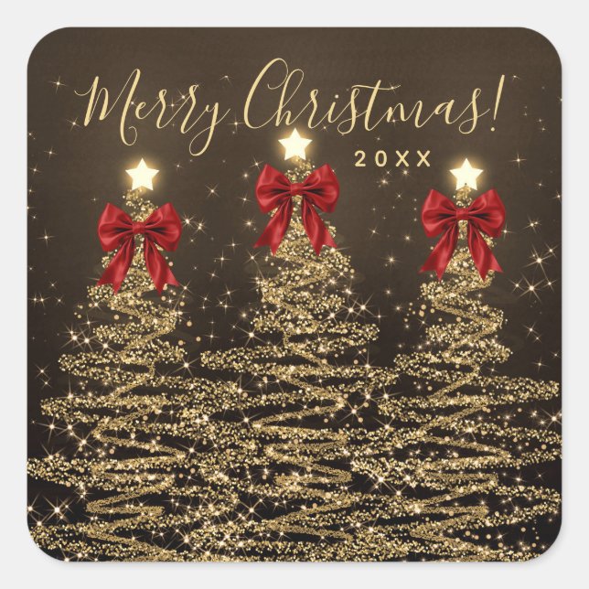 Elegant Holiday Gold Red Christmas Trees w/ Bows Quadratischer Aufkleber (Vorderseite)