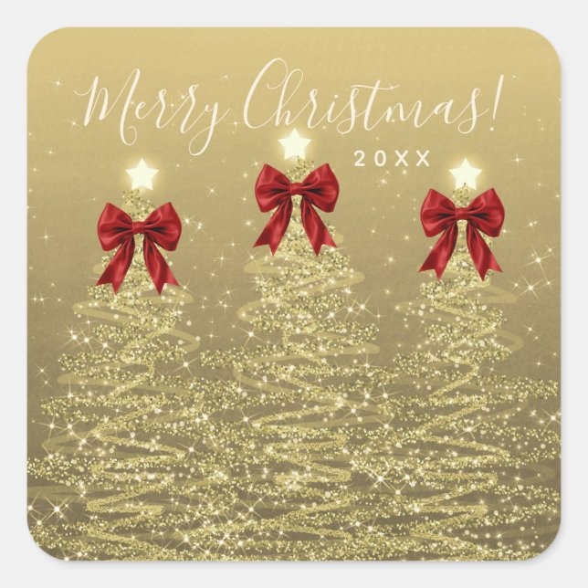 Elegant Holiday Gold Red Christmas Trees w/ Bows Quadratischer Aufkleber (Vorderseite)